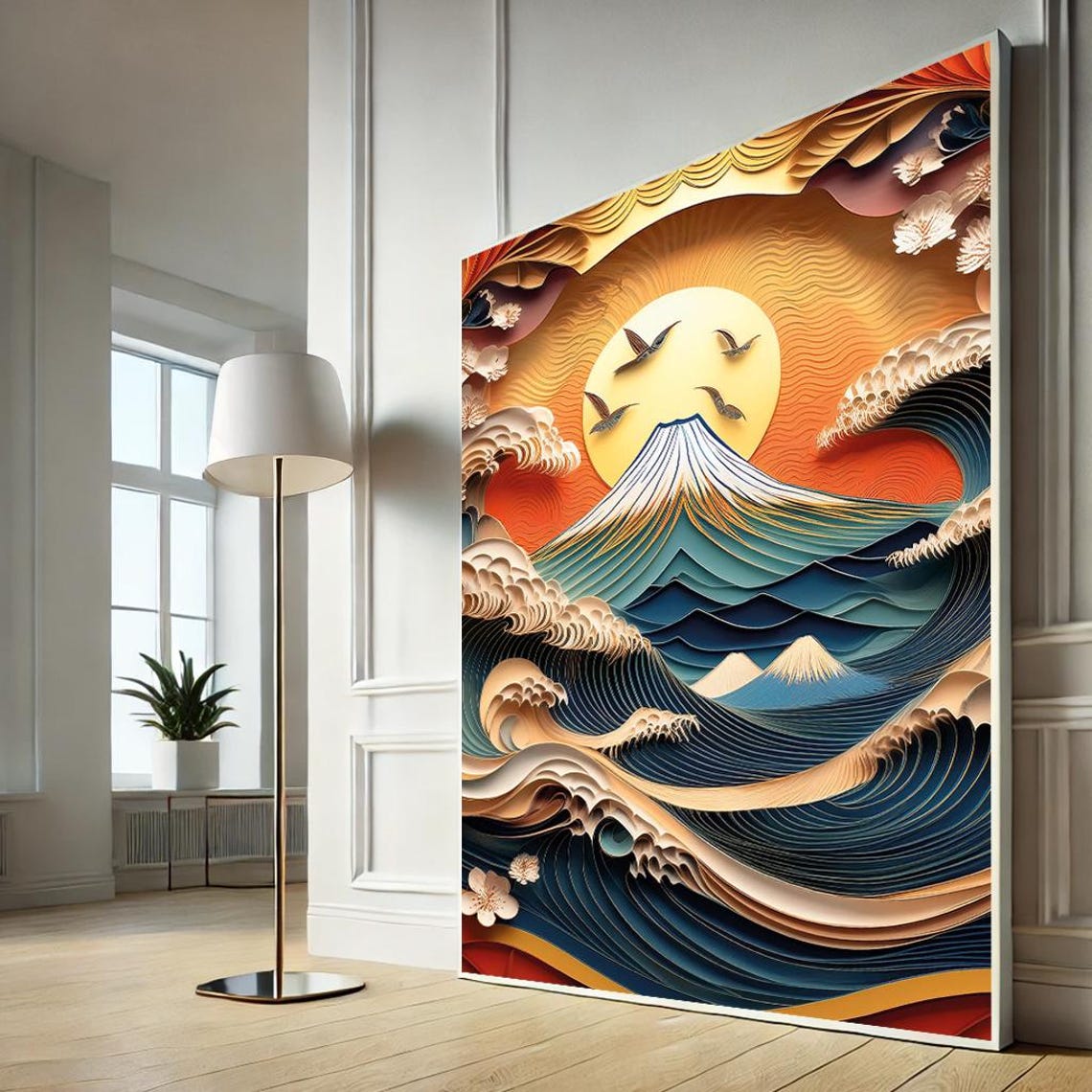 Mount Fuji Layered Paper Wave Ocean Sunset 3D Japanese Art Poster