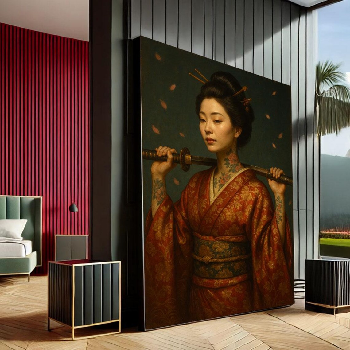 Japanese Geisha Warrior Katana Sword Traditional Oil Painting Wall Art