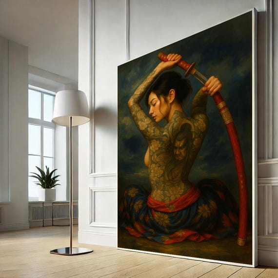 Tattooed Sexy Geisha Samurai Woman Canvas Art Bold Ethnic Style For Living Room Unique Warrior Home Decor Gift Majestic Wall Painting