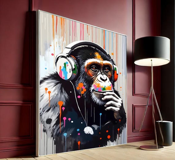 Thinking Monkey Graffiti Canvas Wall Art Colorful Funky Ape Headphone Poster Gift