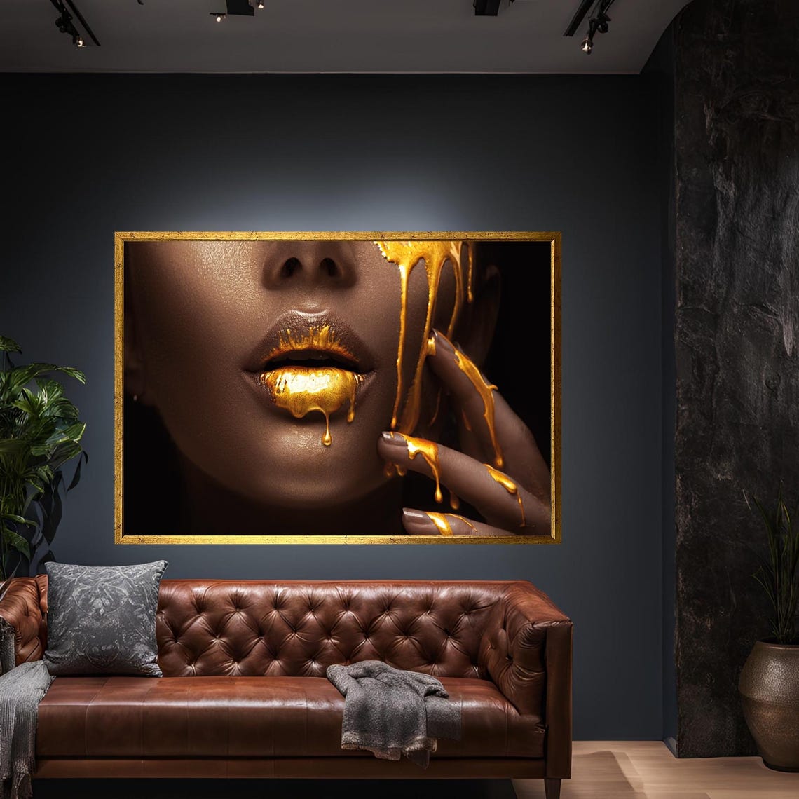 Gold Woman Makeup Lips Canvas Wall Art Modern Print Abstract Decor For Home