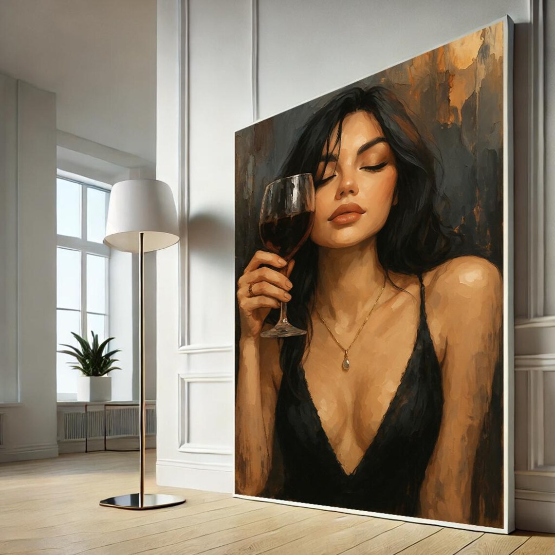 Romantic Woman Wine Glass Canvas Print Oil Painting Elegant Female Art