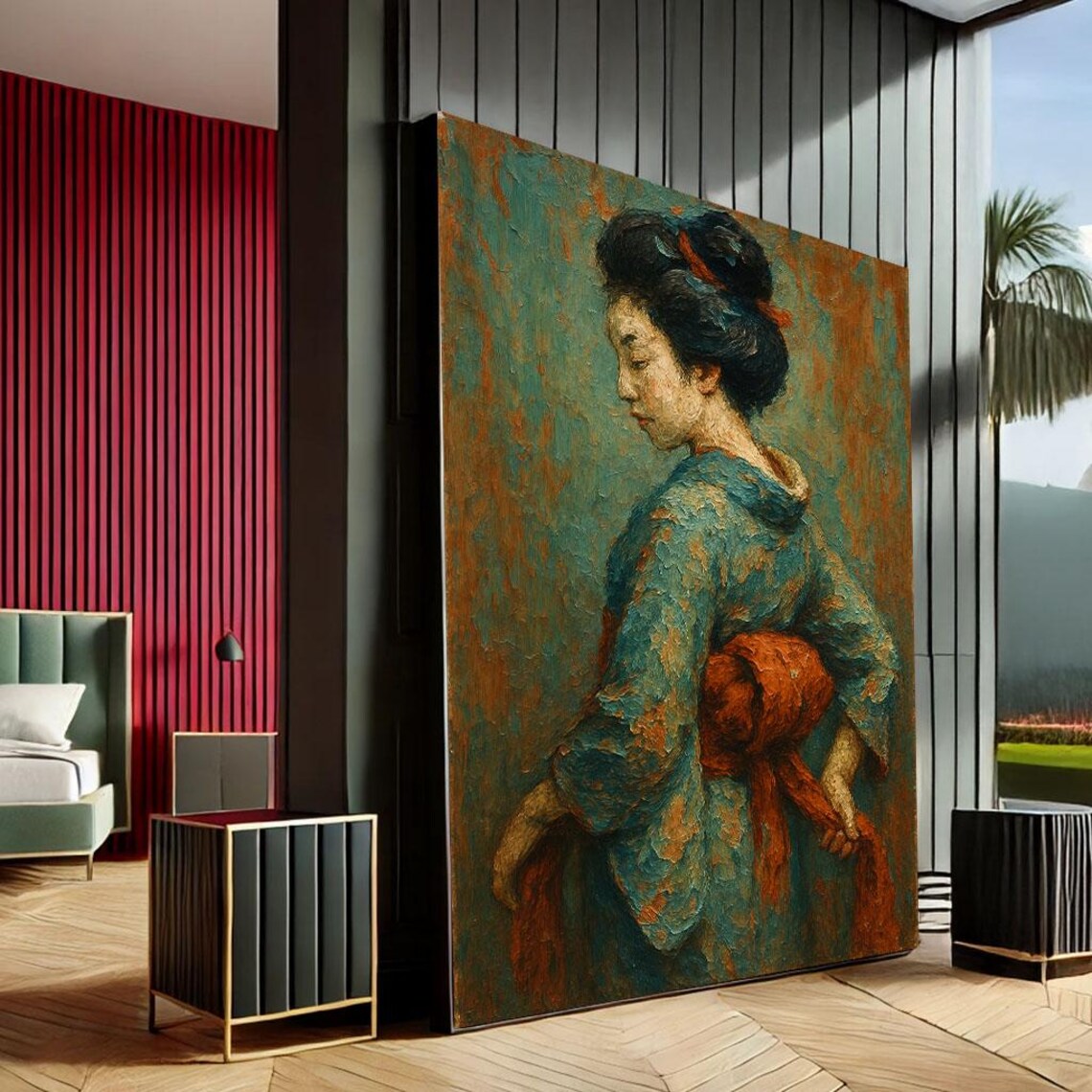 Elegant Japanese Geisha Oil Portrait Teal Kimono Classic Art Poster