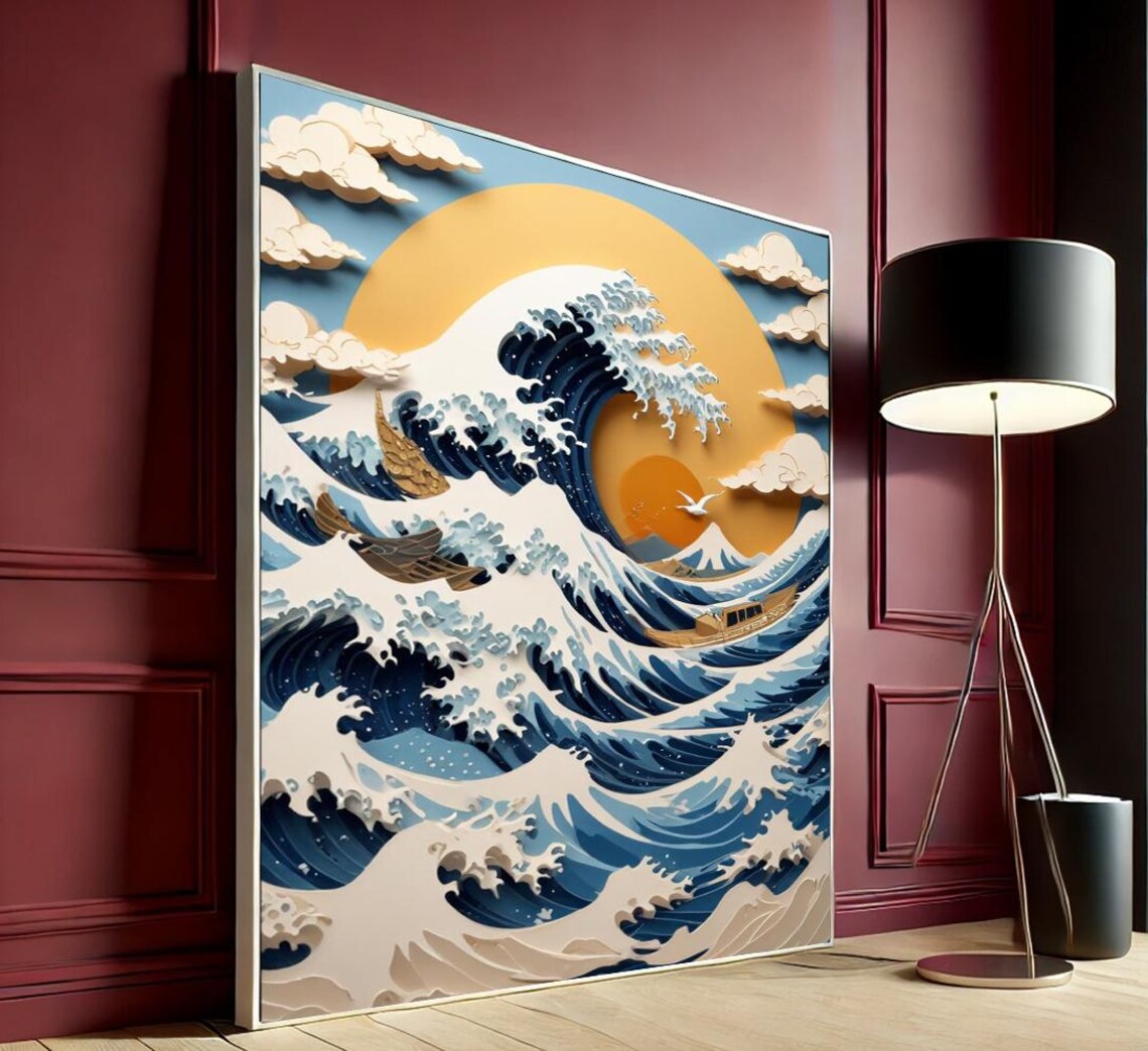 Great Wave 3D Paper Quilling Art Hokusai Style Fishing Boats Fuji Sunset Print