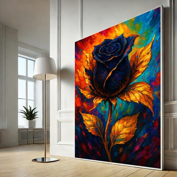 Blue Rose Golden Leaves Bold Floral Abstract Colorful Modern Wall Art