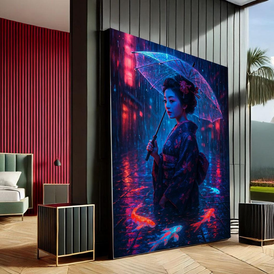 Geisha Neon Rain Umbrella Koi Fish Cyberpunk Japanese Poster Art