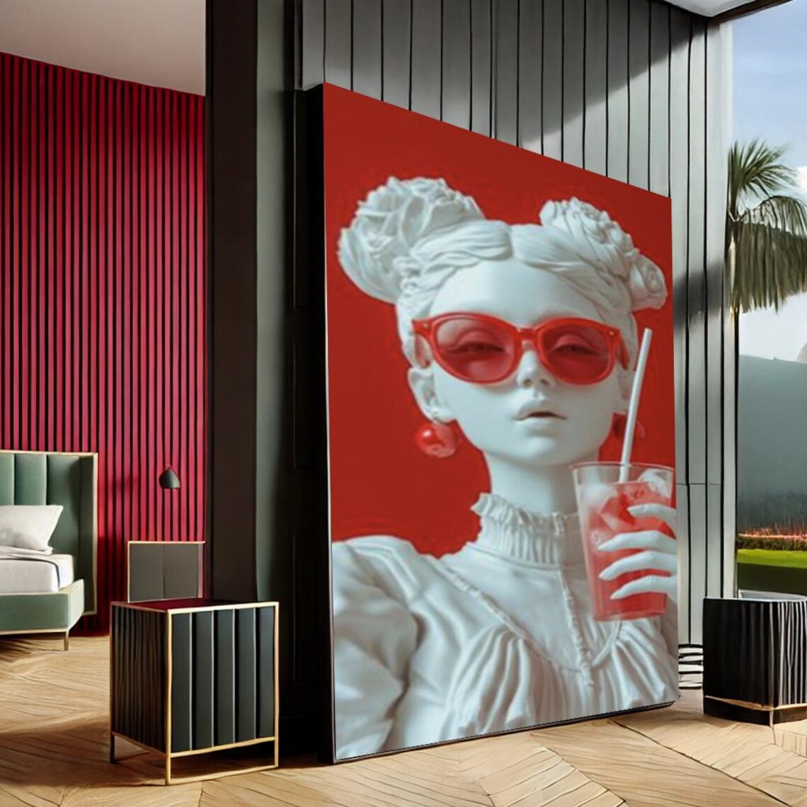 Pop Art Sculpture Woman Red Sunglasses Floral Hair Drink Poster