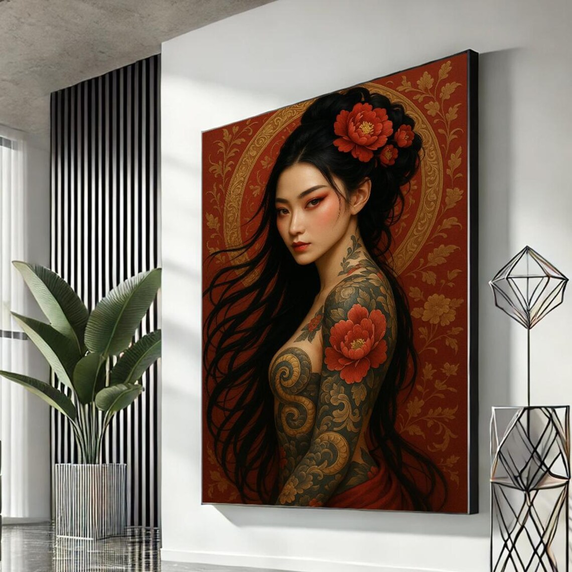 Tattooed Geisha Red Peony Floral Portrait Japanese Beauty Art Poster