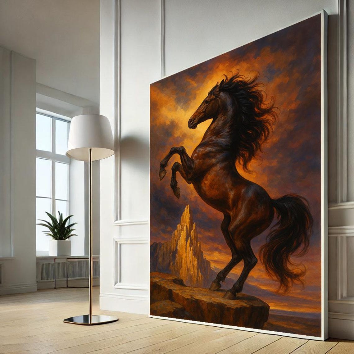 Black Majestic Rearing Horse Dramatic Fiery Sunset Mountain Art Print
