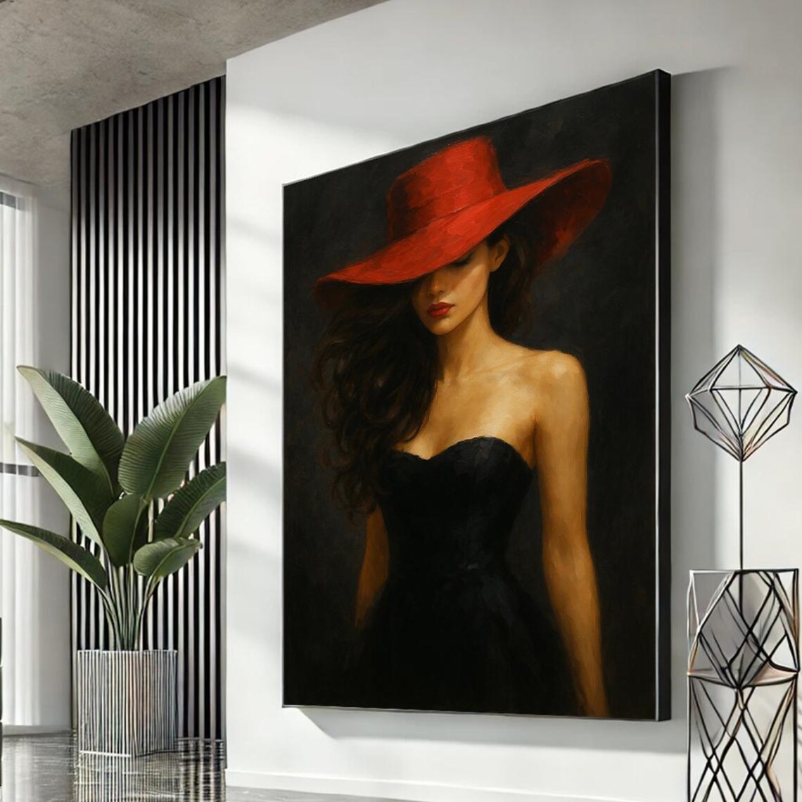 Woman In Red Hat Canvas Wall Art Elegant Fashion Portrait Print Black Dress Oil Style Poster Ready To Hang Decor