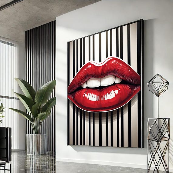 Woman Lips Pop Art Canvas Red Wall Modern Trendy Fashion Artwork Statement Home Accent Unique Gift For Lovers