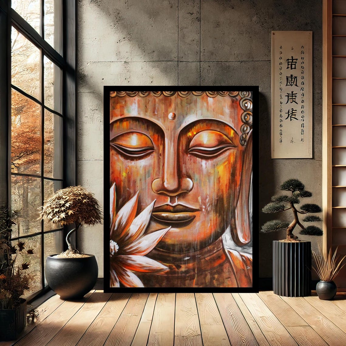 Amber Buddha Face Lotus Flower Warm Spiritual Portrait Poster