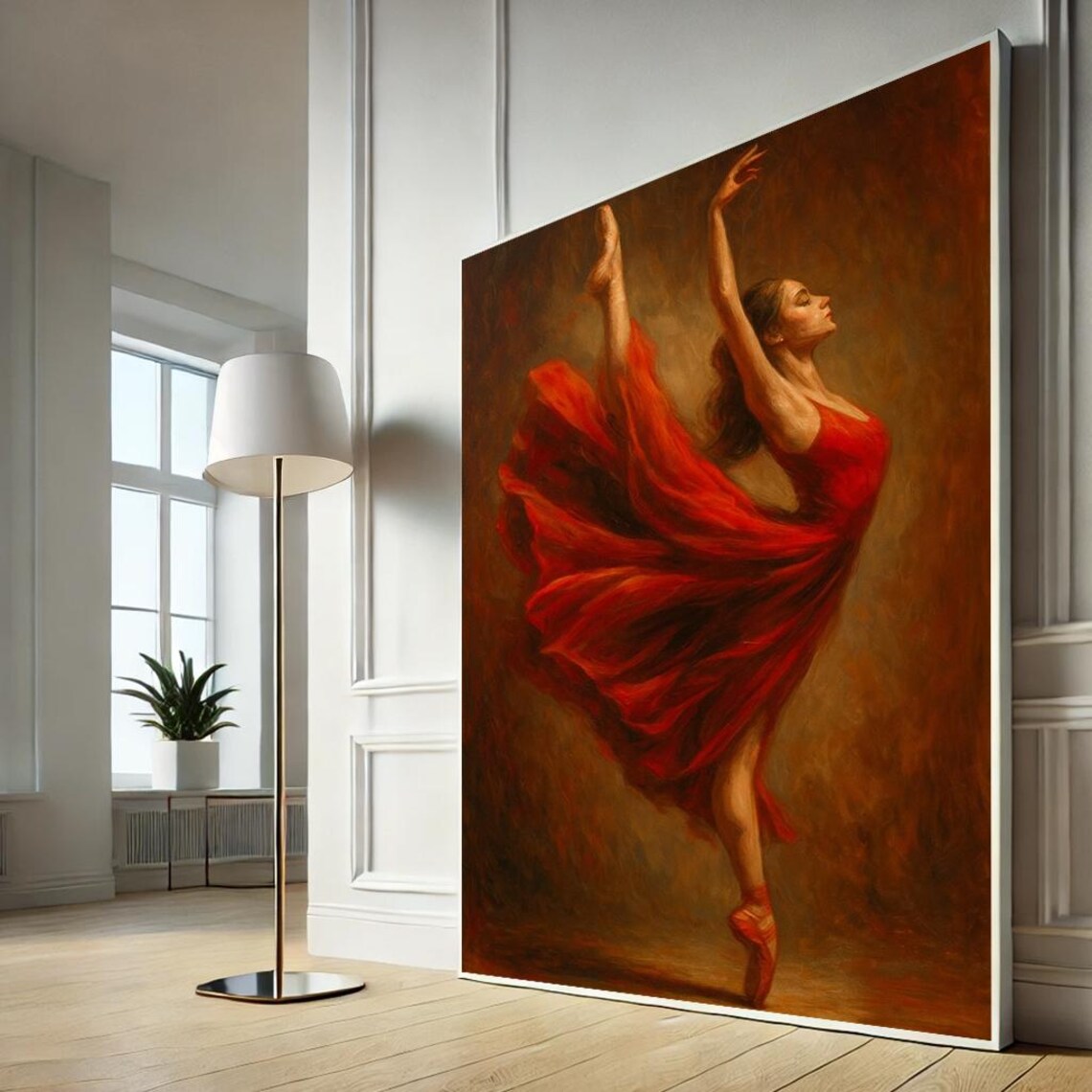 Elegant Ballerina in Flowing Red Dress Dance Portrait Canvas Art Poster