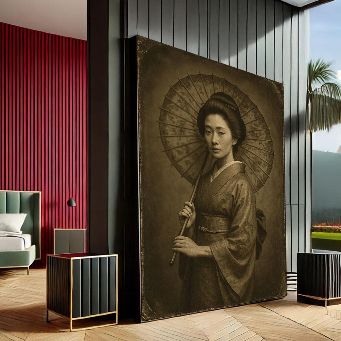 Sepia Japanese Geisha With Oil Paper Umbrella Vintage Portrait Poster