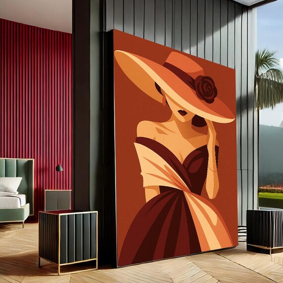 Elegant Woman Wide Brimmed Hat Burgundy Dress Vintage Glamour Art Poster