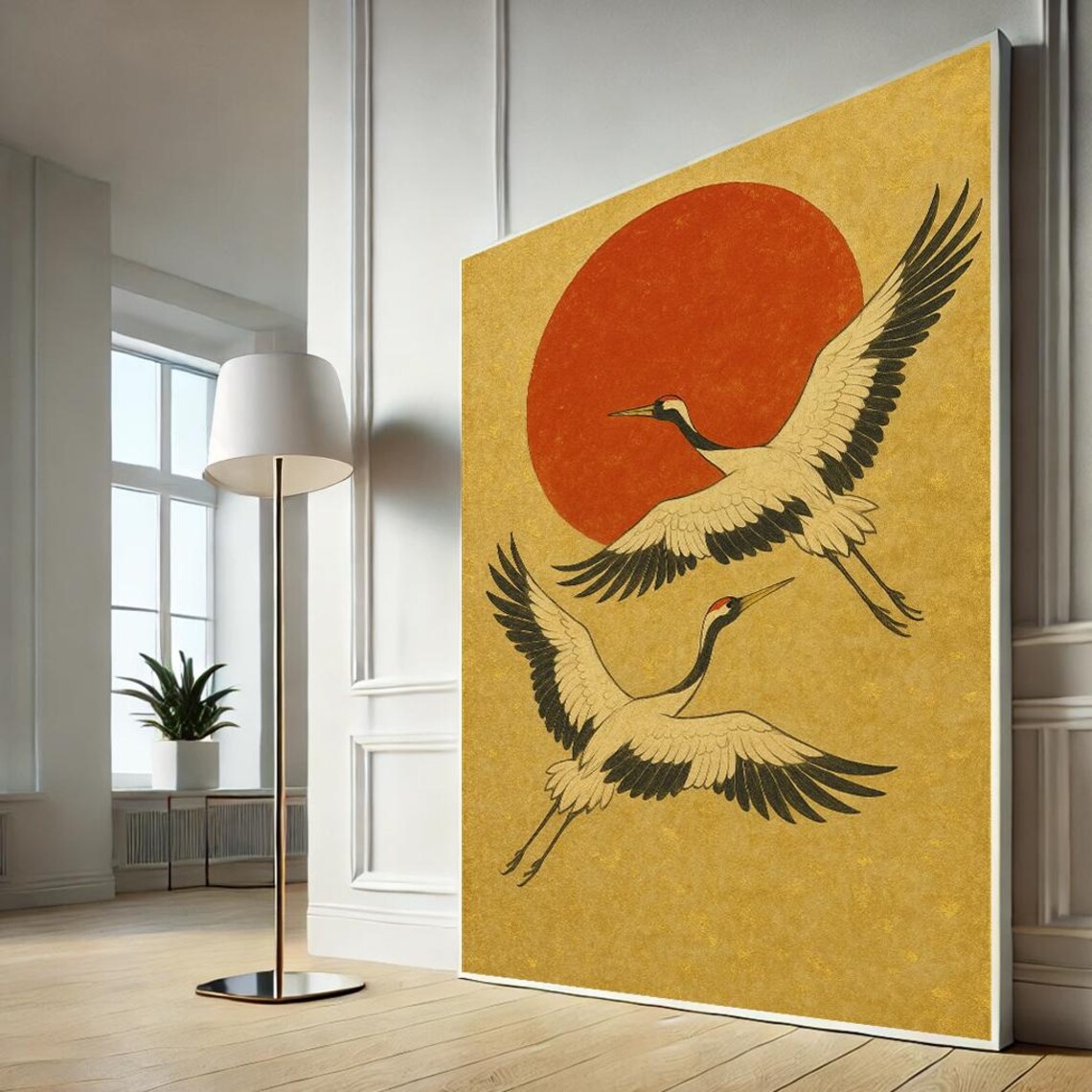 Two Japanese Cranes Flying Before a Red Sun Golden Bird Art Print