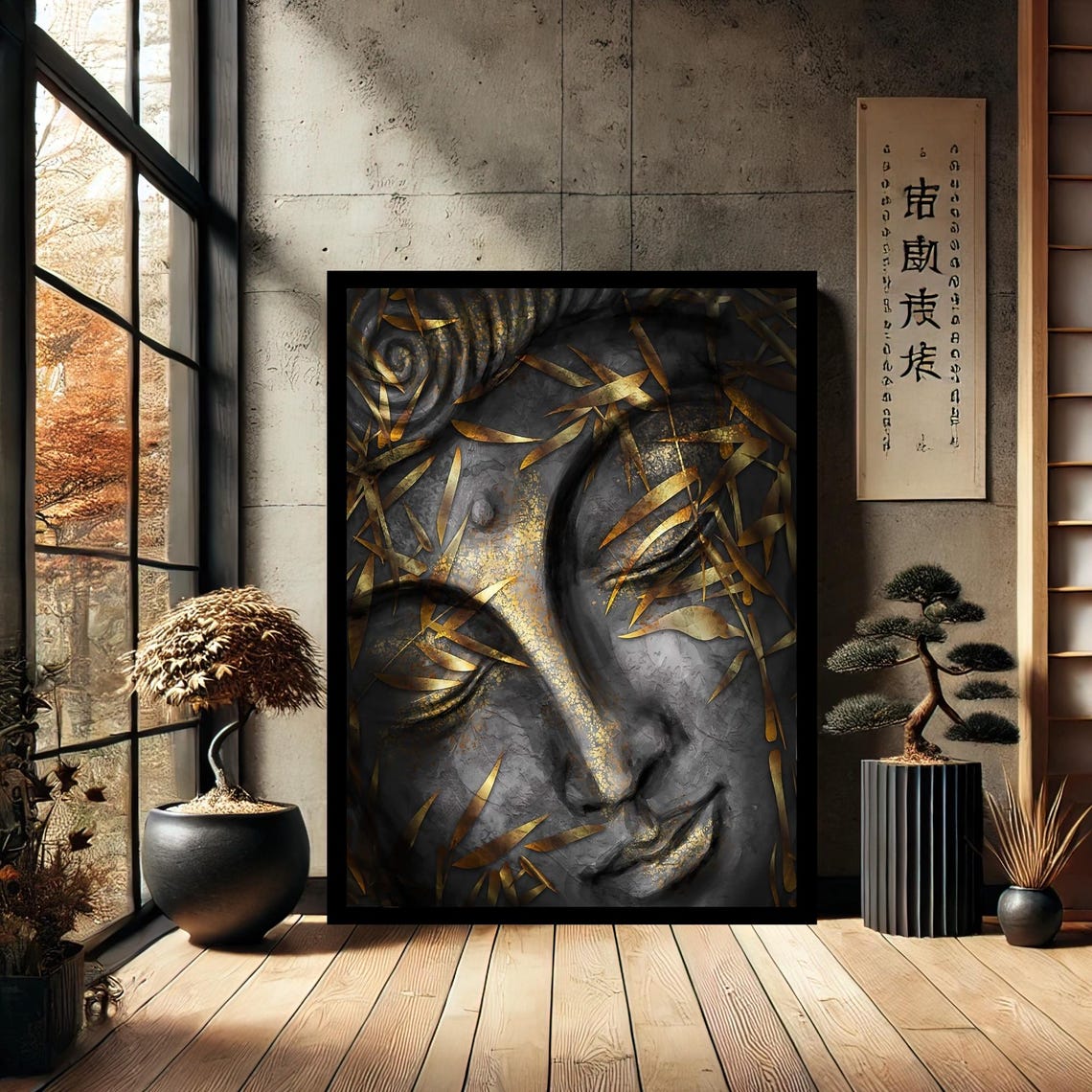 Serene Buddha Face With Golden Bamboo Leaves Dark Zen Art Poster