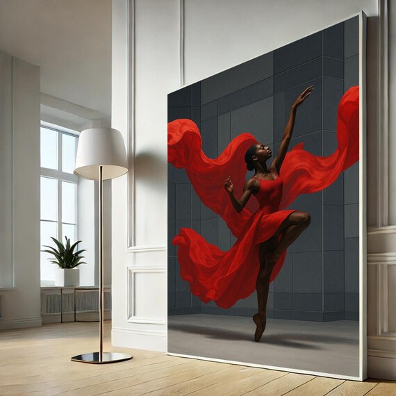 Black Ballerina Canvas Print Elegant Red Dress Wall Art Powerful Dance Movement Poster Modern Home Decor Ready To Hang