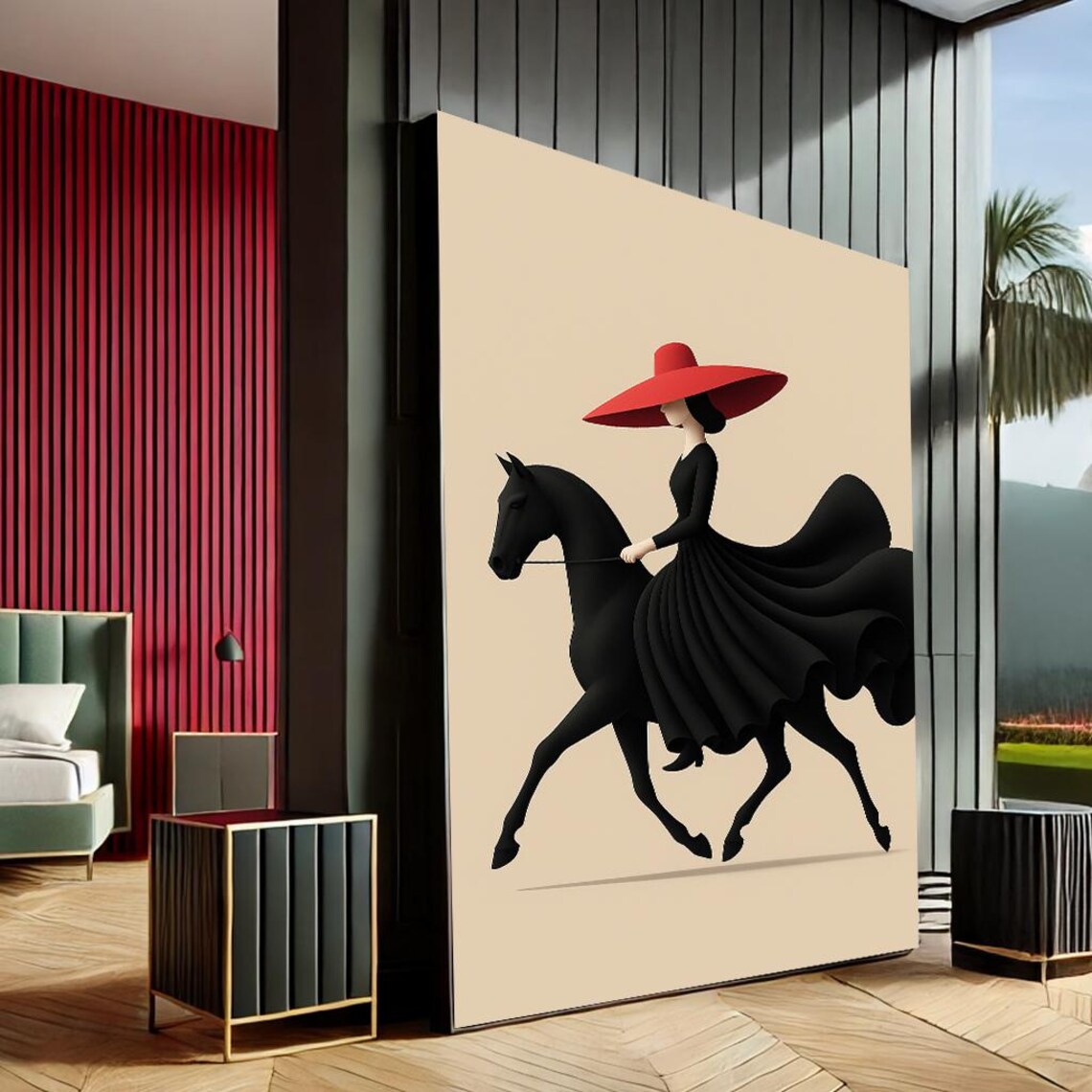 Minimalist Equestrian Woman Riding Horse Red Hat Modern Art Poster