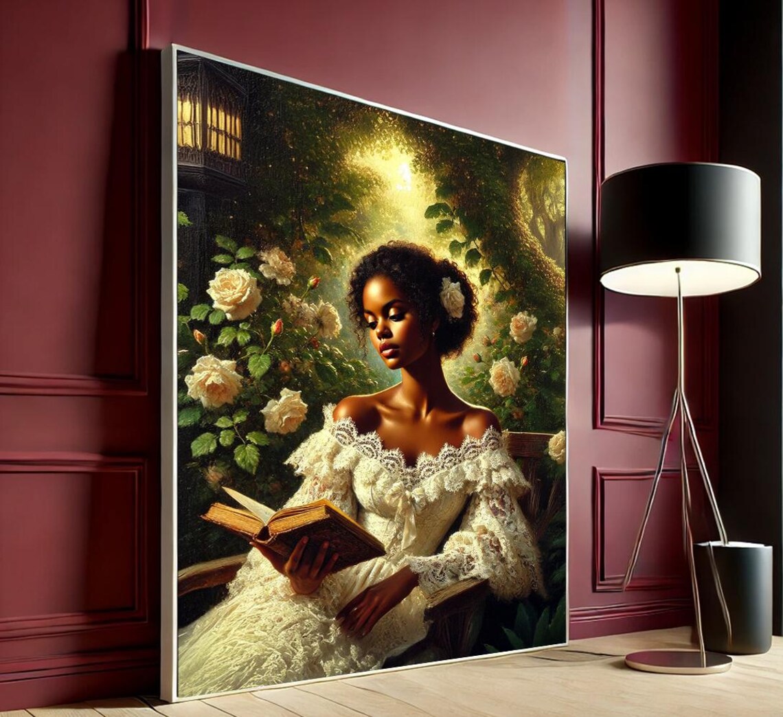 Vintage Woman Reading Book White Lace Dress Floral Canvas Wall Art
