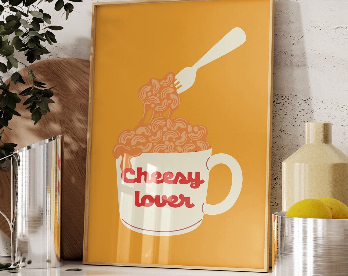 Yellow Retro Mac and Cheese Mug Cheesy Lover Kitchen Art Poster