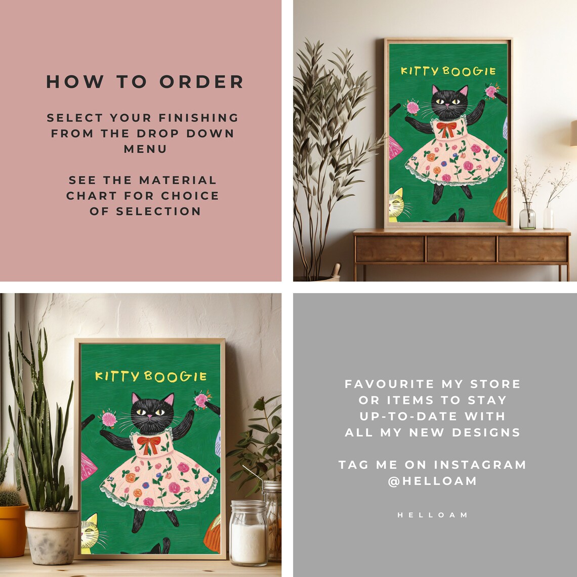 Kitty Boogie Dancing Black Cat Pink Floral Dress Cute Green Wall Poster - Image 3