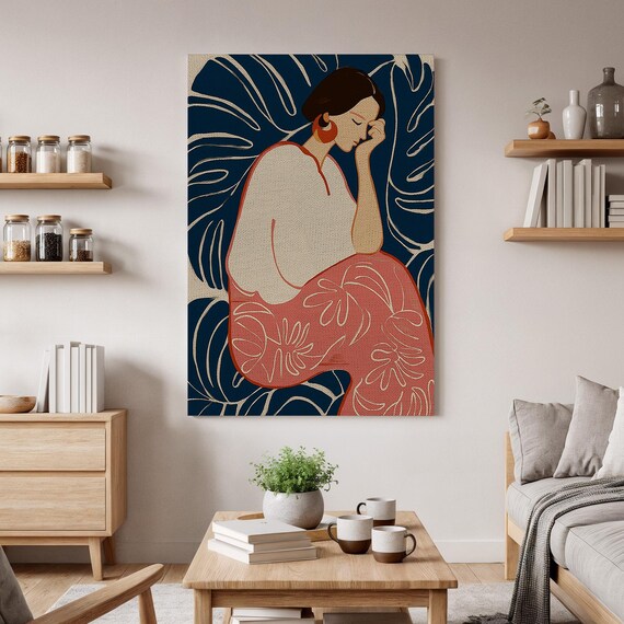 Abstract Woman Monstera Leaf Portrait Navy Coral Modern Botanical Art Poster