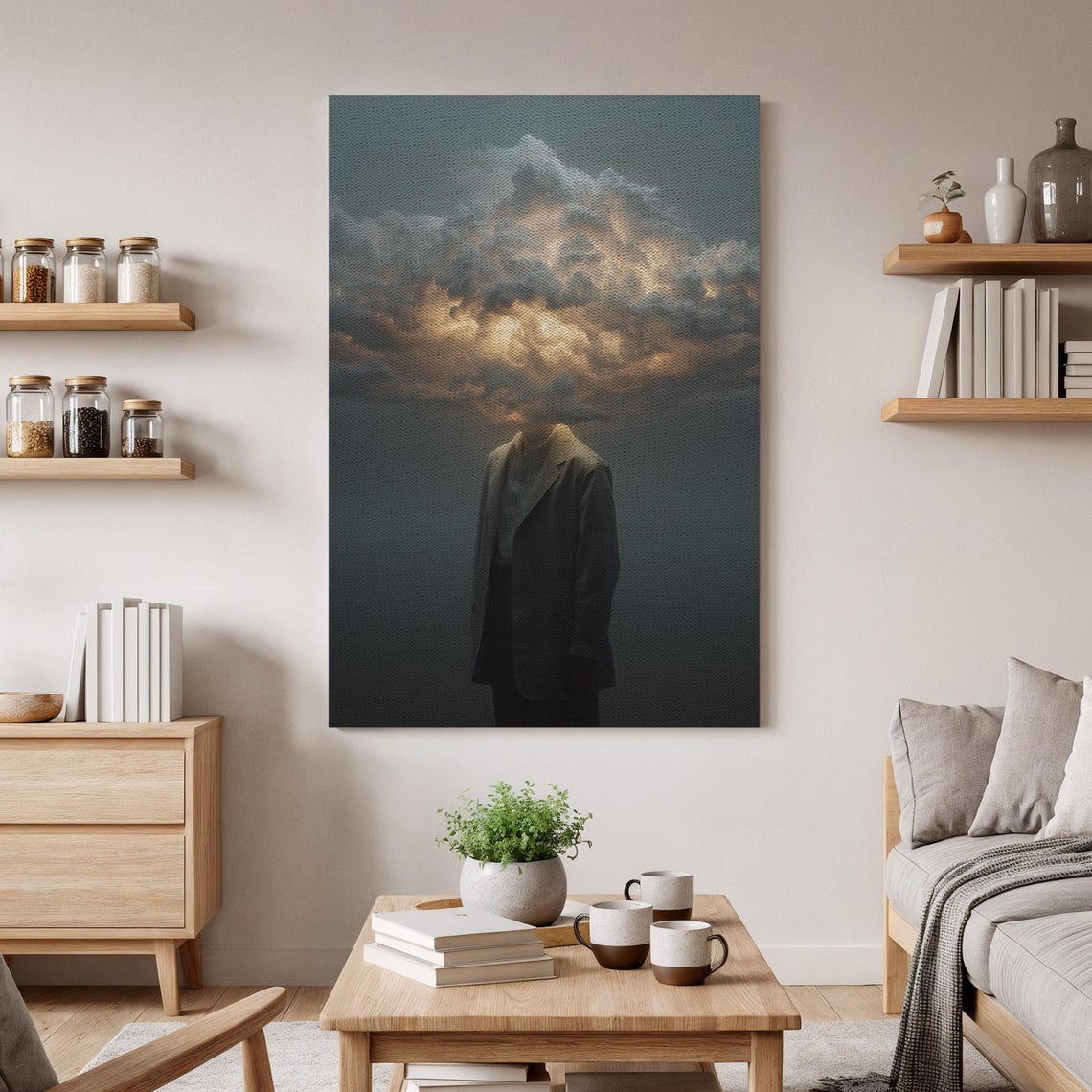 Surreal Cloud Canvas Art Dark Fantasy Wall Print Dreamlike Abstract Decor Mysterious Figure Artwork Modern Bedroom Gift