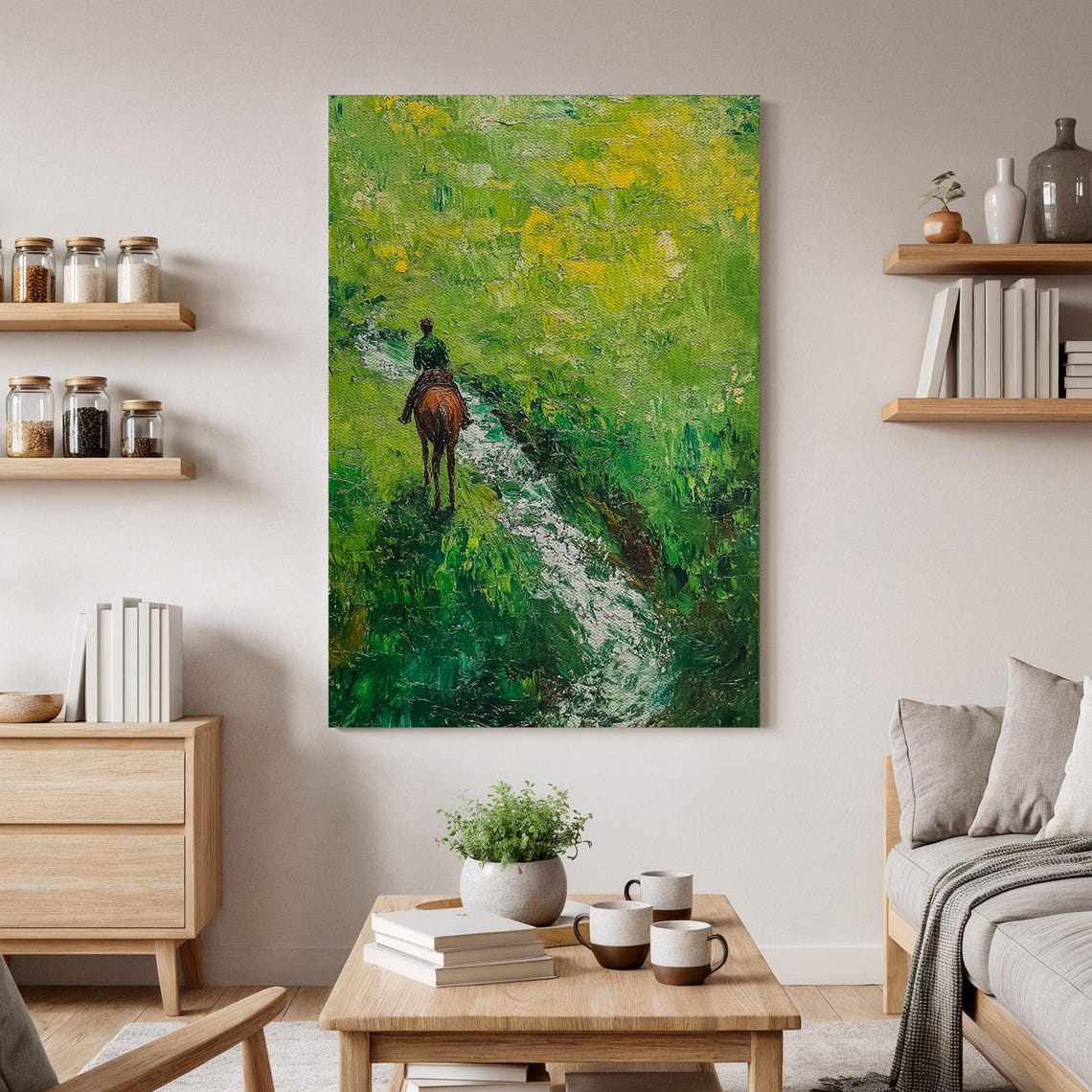 Horseback Rider Green Forest Path Impressionist Equestrian Poster