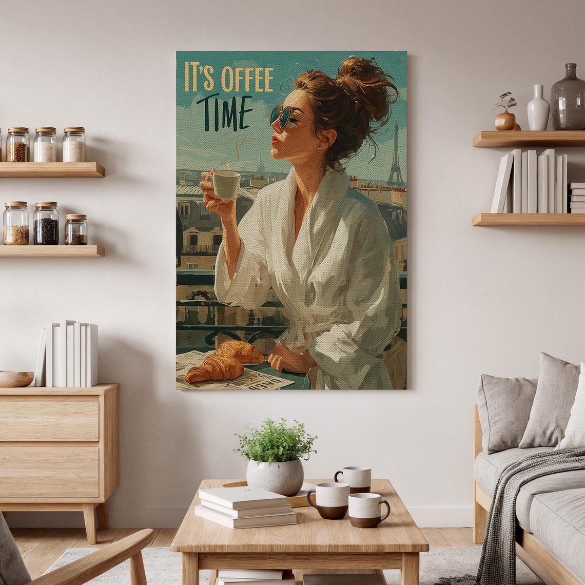 Paris Balcony Coffee Croissant Eiffel Tower Retro Woman Poster