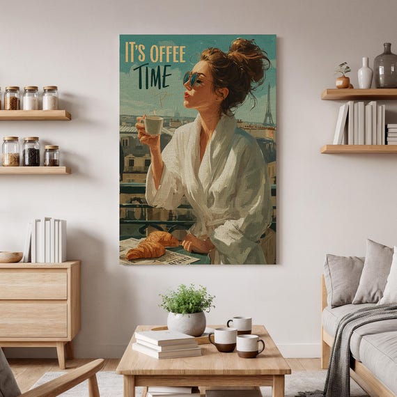 Coffee Time Canvas Wall Art Paris Balcony Croissant Breakfast Print Vintage Morning Artwork Elegant French Lifestyle Decor