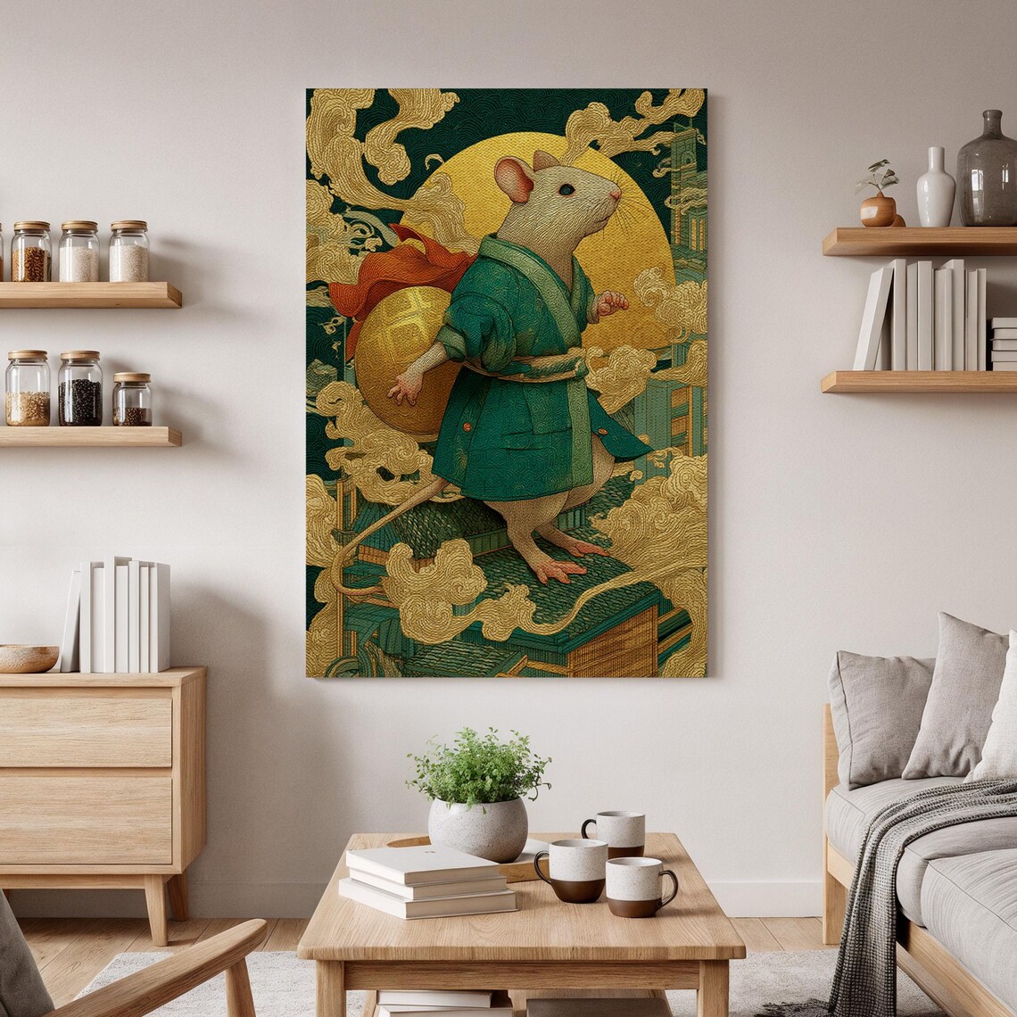 Whimsical Mouse in Kimono Golden Moon Japanese Style Fantasy Art Poster
