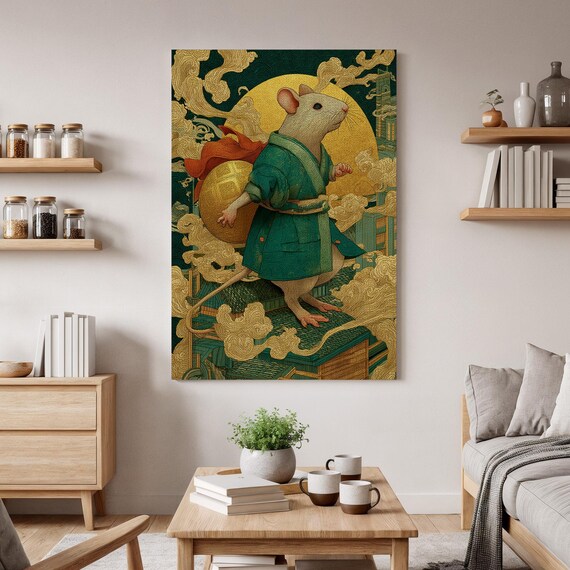 Whimsical Mouse in Kimono Golden Moon Japanese Style Fantasy Art Poster