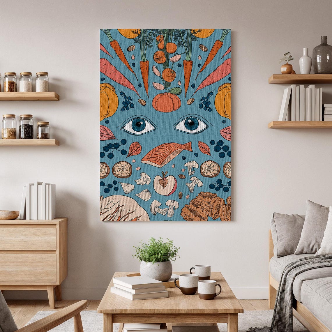 Healthy Food Pattern with Eyes Whimsical Nutrition Art Canvas Print