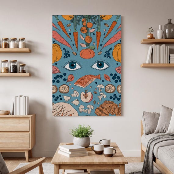 Healthy Food Art Print Whimsical Nutrition Wall Decor Eye Symbolism Kitchen Canvas Playful Fruits Vegetables For Dining Room