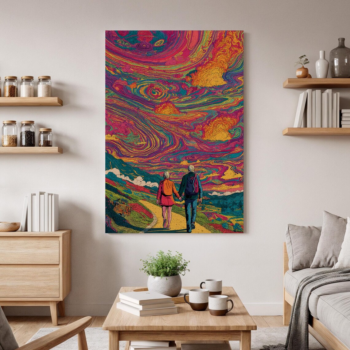 Psychedelic Couple Journey Swirling Colorful Sky Surreal Landscape Poster
