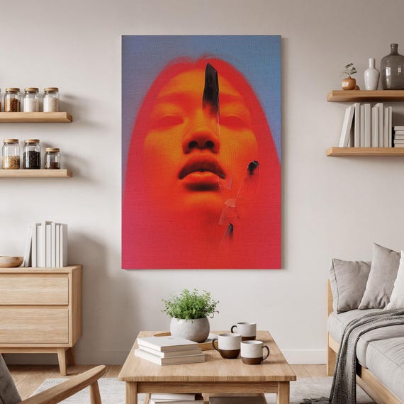 Abstract Face Canvas Wall Art Bold Red Blue Modern Surreal Artwork Contemporary Expression Print Unique Bedroom Decor