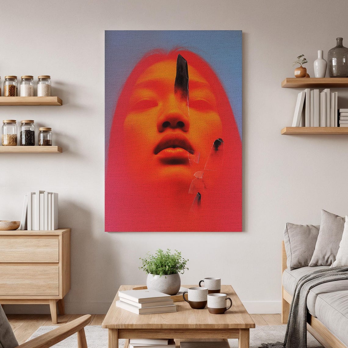 Fiery Red Fragmented Face Surreal Portrait Bold Color Art Poster
