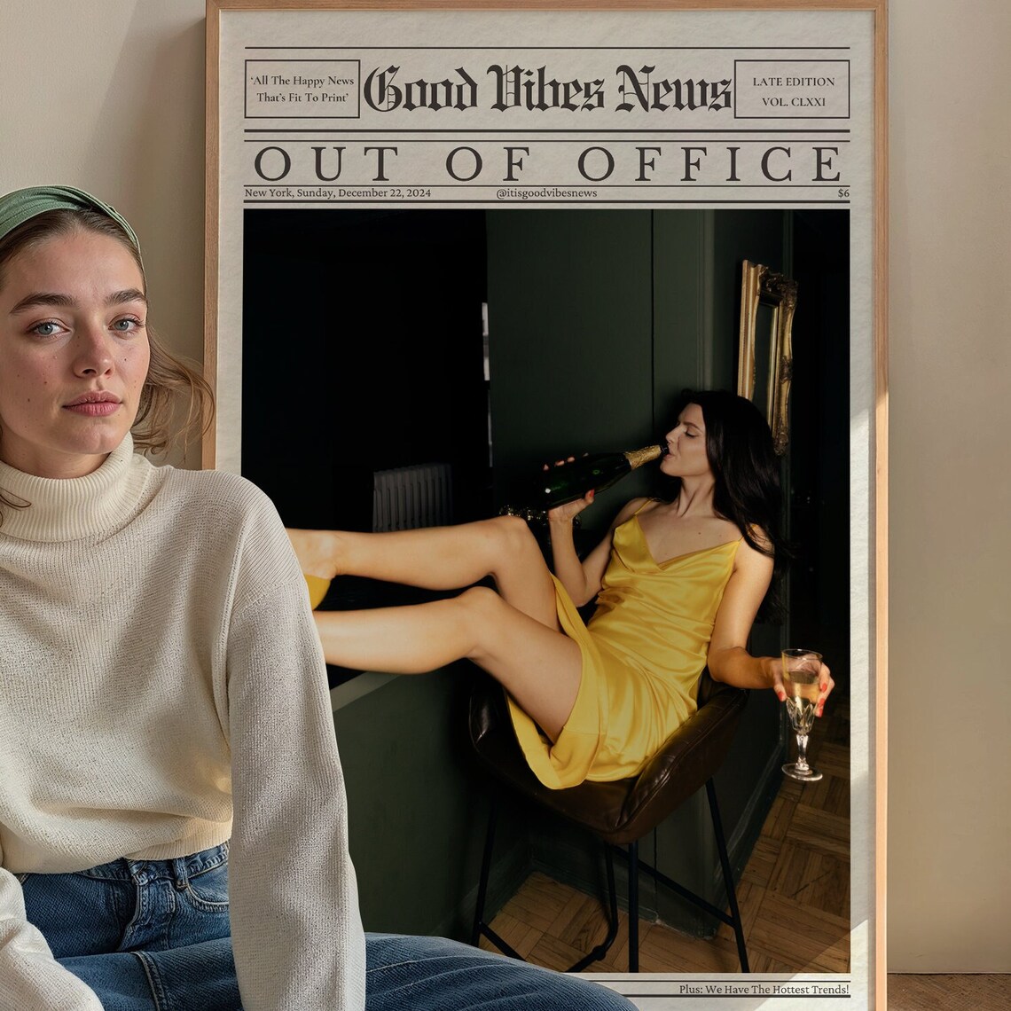 Out Of Office Champagne Girl Yellow Dress Newspaper Party Poster