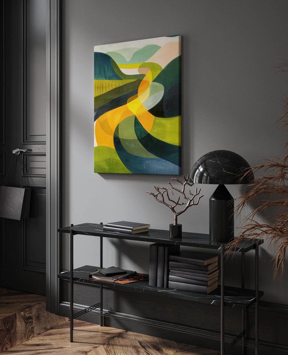 Green and Gold Abstract Waves Modern Landscape Painting Art Print - Image 2