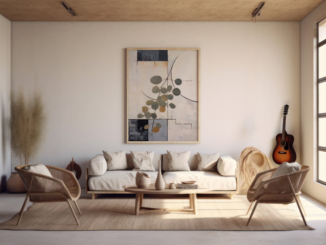 Minimal Eucalyptus Branch on Abstract Neutral Tone Canvas Poster - Image 3