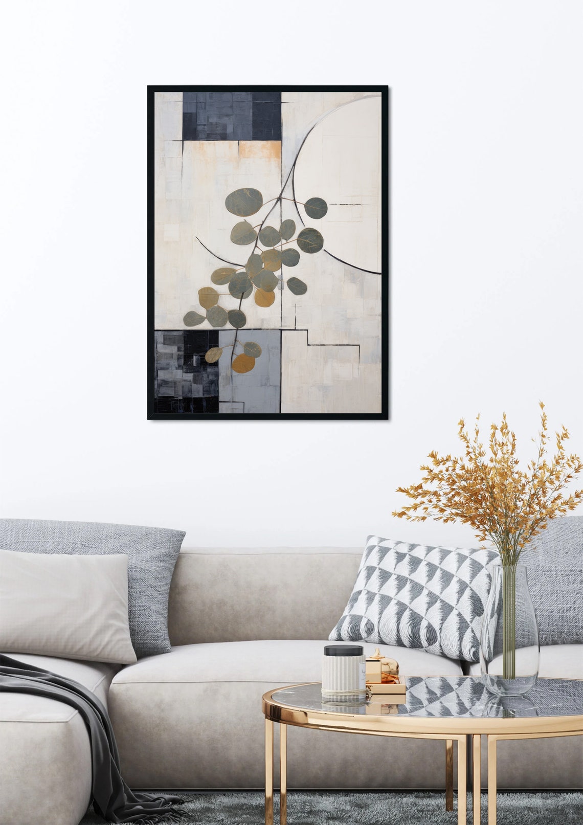 Minimal Eucalyptus Branch on Abstract Neutral Tone Canvas Poster - Image 4
