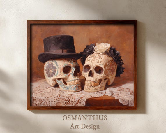 Vintage Mexican Sugar Skulls Painting Bride Groom Halloween Wall Art Day Of The Dead Decor Cultural Print Autumn 75
