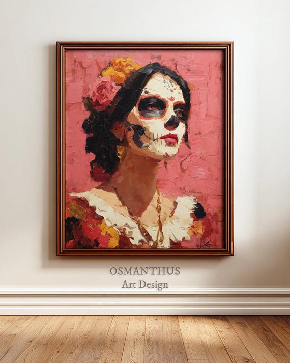 Dia De Los Muertos Portrait Vibrant Oil Painting Style Skull Makeup Art Festive Wall Decor Rustic Vintage 59
