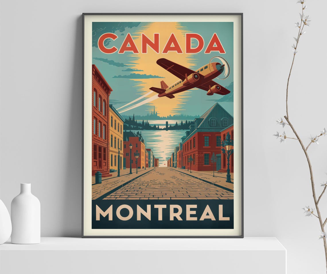 Canada Montreal Old Town Street Airplane Vintage Travel Poster