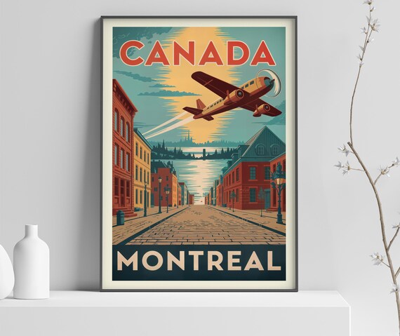 Canada Montreal Old Town Street Airplane Vintage Travel Poster