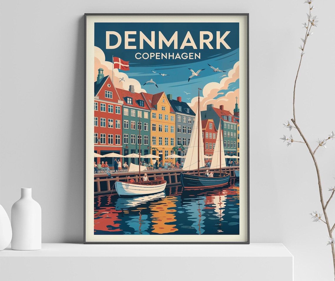 Denmark Copenhagen Nyhavn Colorful Harbor Boats Travel Poster