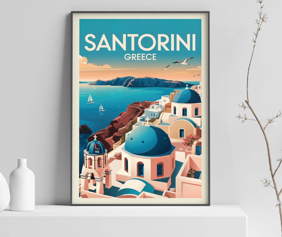 Santorini Greece Blue Domes Aegean Sea View Vintage Travel Poster