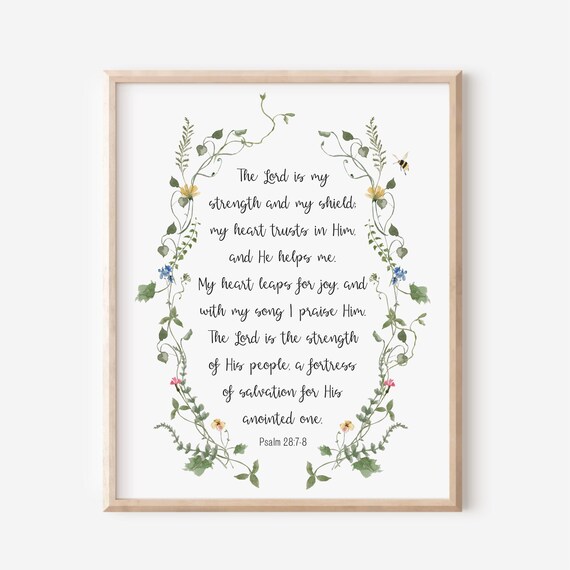 Psalm 28:7-8 The Lord Is My Shield Botanical Wreath Bible Print