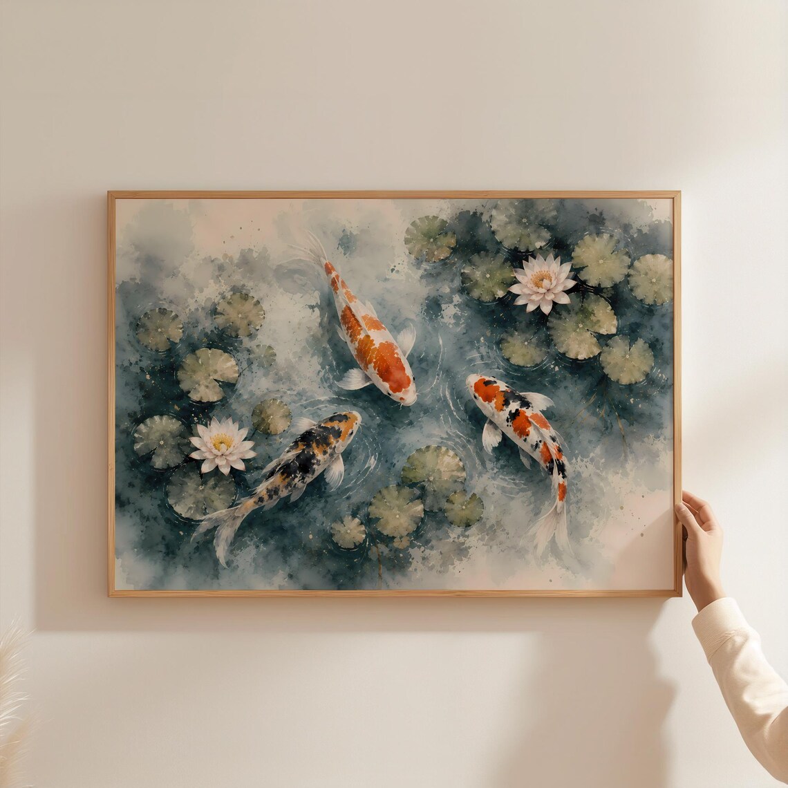 Japanese Koi Fish Pond Watercolor Lotus Flower Zen Art Poster